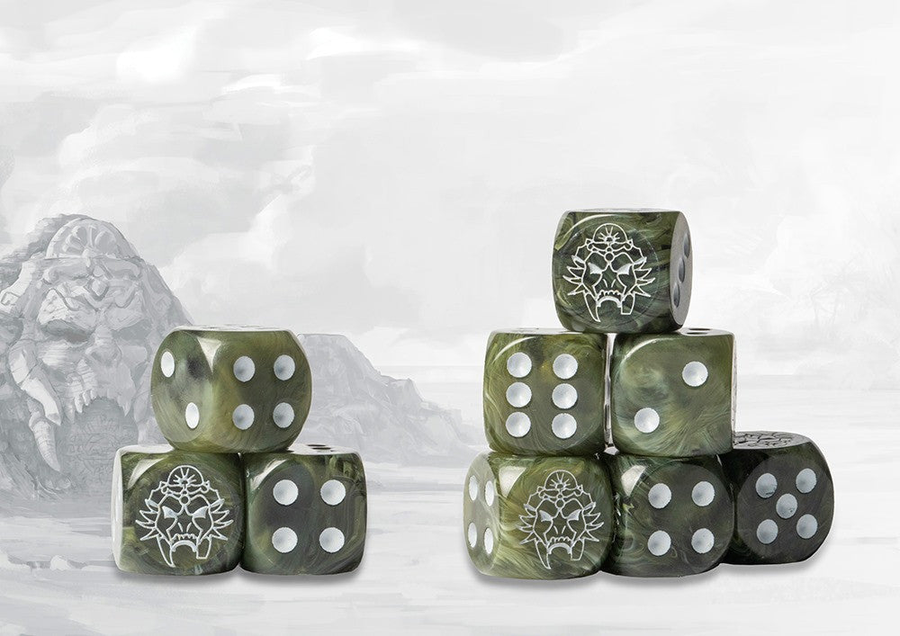 Conquest W’adrhŭn Logo on Green Marbled Dice with White Pips- 24 per pack