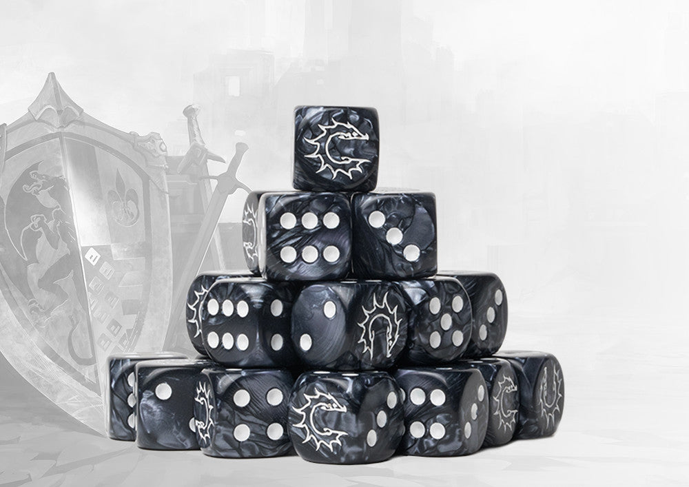 Conquest Logo on Dark Grey Marbled Dice - 24 per pack