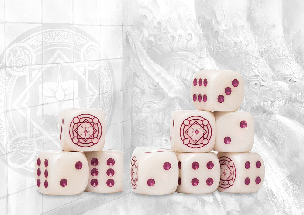 Conquest Sorcerer Kings Logo on Ivory Marbled Dice with Magenta Pips- 24 per pack