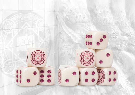Conquest Sorcerer Kings Logo on Ivory Marbled Dice with Magenta Pips- 24 per pack