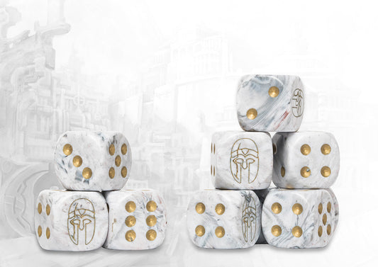 Conquest Dweghom Logo on Red Marbled Dice with Orange Pips - 24 per pack